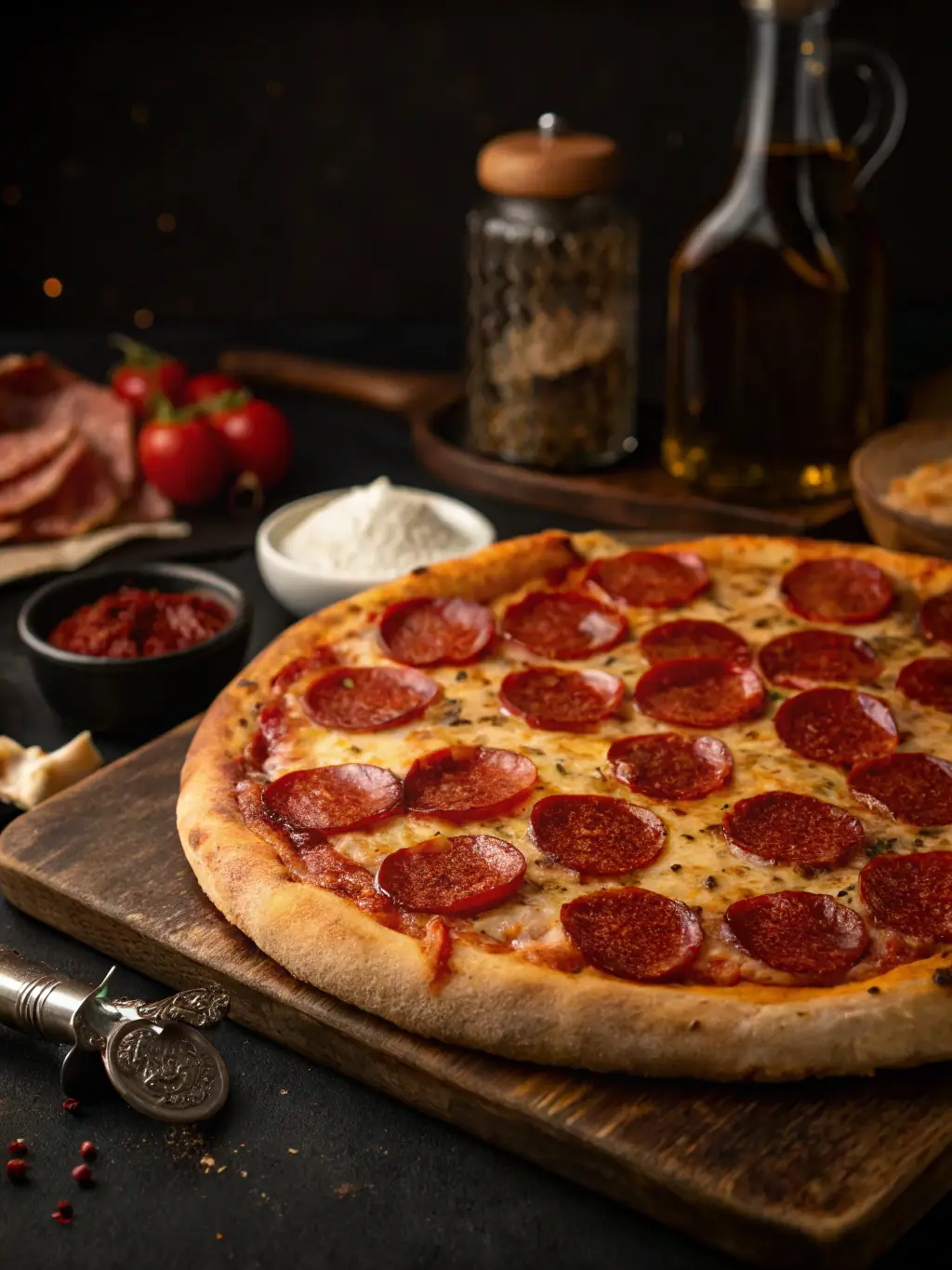 A mouthwatering image of a Pepperoni pizza, with generous slices of pepperoni covering a bed of melted cheese on a golden-brown crust, emphasizing the savory and spicy flavors of this popular pizza.
