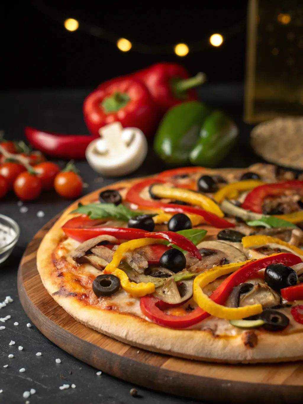 A vegetarian pizza with colorful bell peppers, mushrooms, onions, olives, and melted cheese, showcasing its fresh and healthy ingredients.