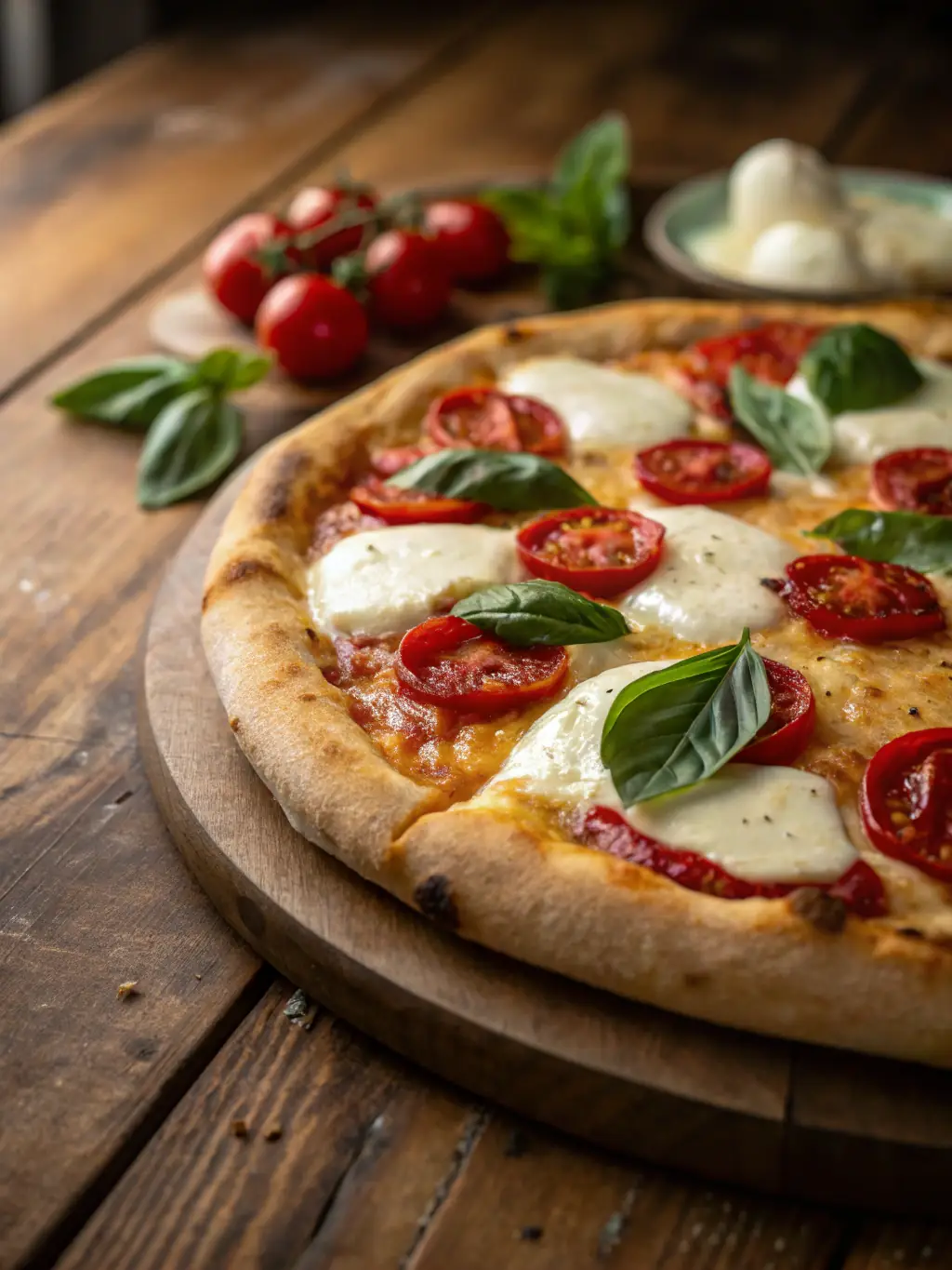 A close-up shot of a Margherita pizza with fresh basil, ripe tomatoes, and melted mozzarella cheese, showcasing its vibrant colors and simple, classic ingredients.