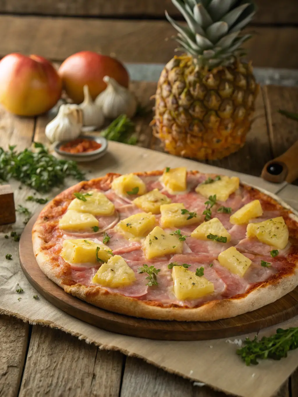 A Hawaiian pizza with ham, pineapple, and melted cheese, showcasing its sweet and savory combination.