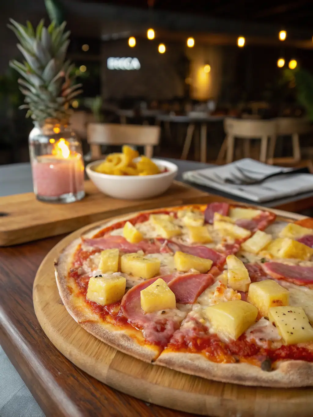 An enticing image of a Hawaiian pizza, featuring ham and pineapple toppings on a cheese-covered crust, showcasing the sweet and savory combination that makes this pizza a unique and popular choice.