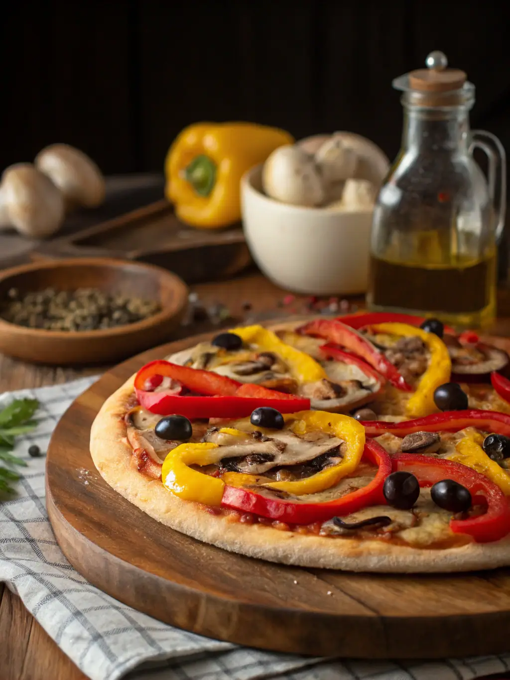 A colorful and appetizing Vegetarian pizza, showcasing a variety of fresh vegetables such as bell peppers, mushrooms, onions, and olives on a cheese-covered crust, highlighting the healthy and flavorful options available.